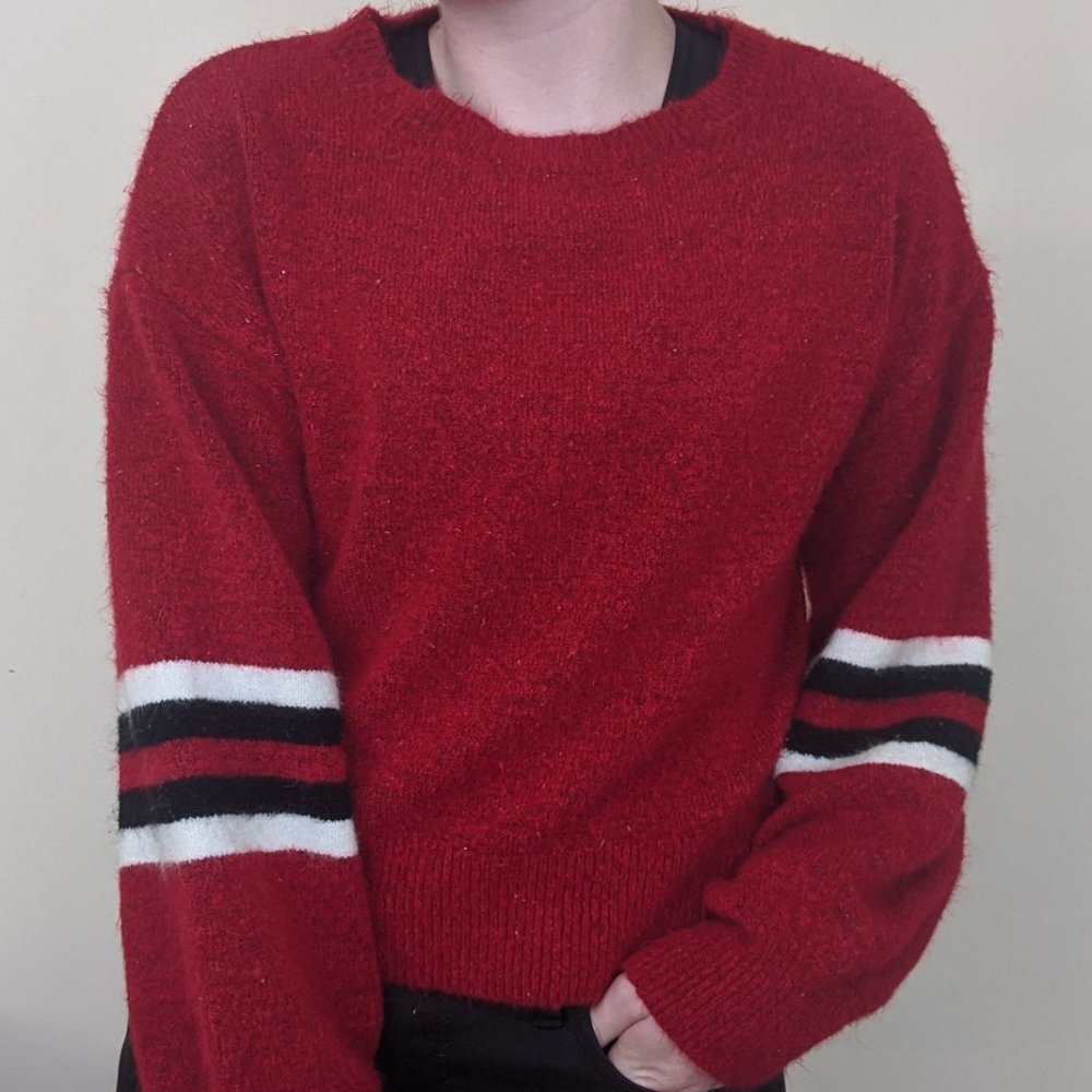 Red Fuzzy Sweater with Balloon Sleeves